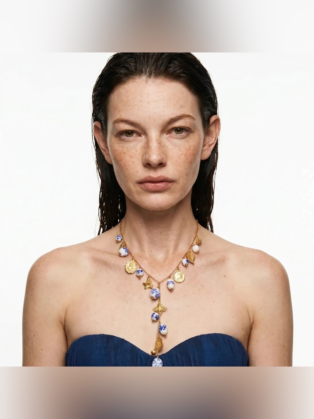Blue & White Porcelain Charm Necklace – Gold Plated Statement Necklace
